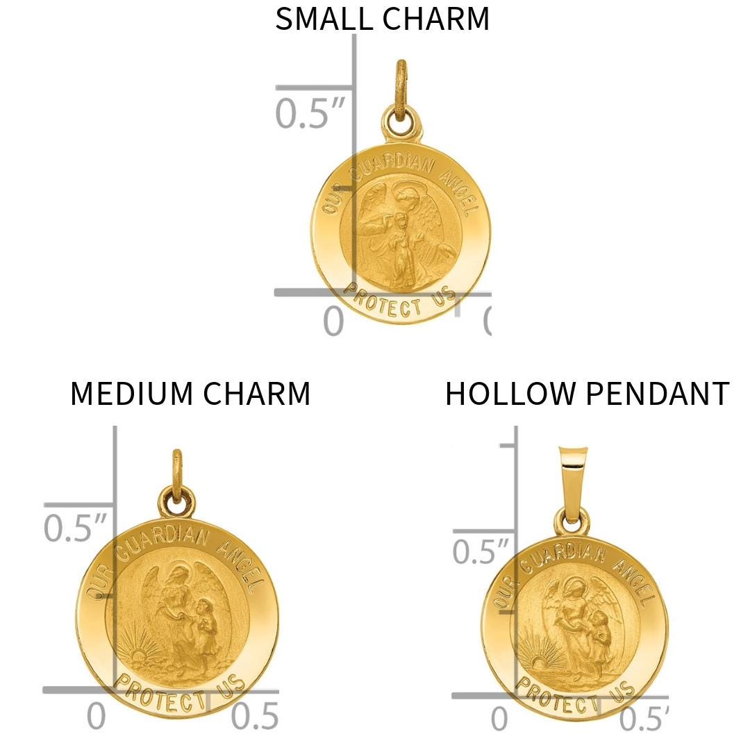14K Gold Guardian Angel Pendant  Engravable Medal Charm  Small, Medium or Large  Religious Jewelry Gift  Solid or Hollow Options