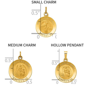 Size chart for small, medium, and hollow 14K gold guardian angel medal pendants