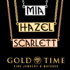 Three bar name necklaces in silver, gold plated, and rose plated with the names Mia, Hazel, and Scarlett cut out