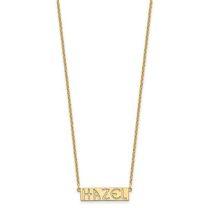 Gold plated bar name necklace with the name Hazel on a fine cable chain
