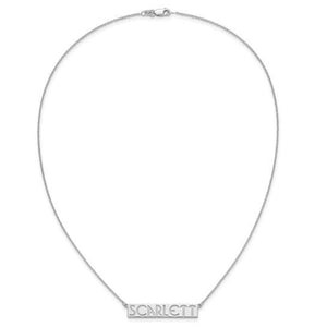 Sterling silver bar name necklace with the name Scarlett on an 18 inch cable chain