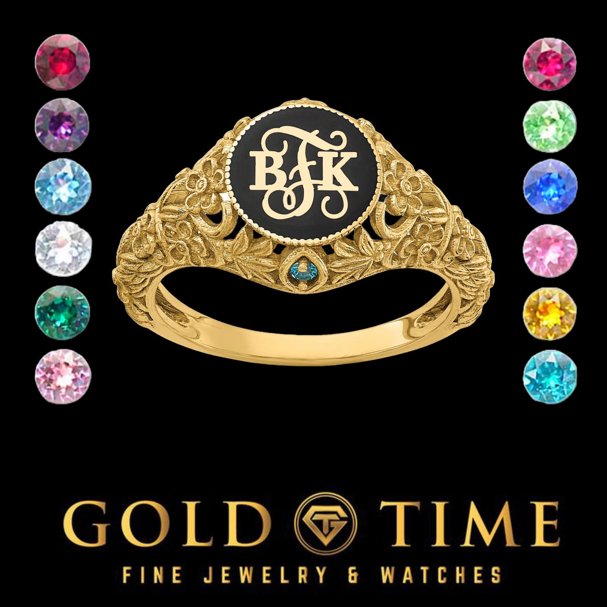 Personalized Floral Initial Monogram Birthstone Ring with Black Enamel for Women