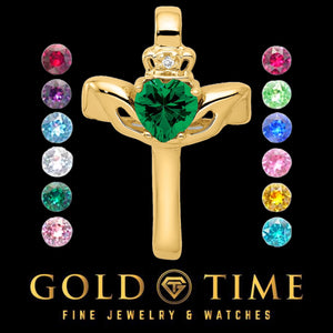 14K yellow gold Claddagh cross pendant with a green heart gemstone and diamond accent, with birthstone color options