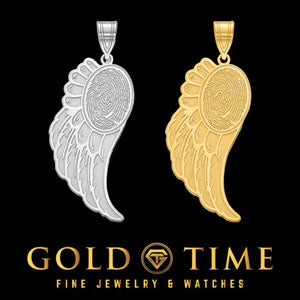 Sterling silver and yellow gold angel wing fingerprint pendants side by side on black with the Gold Time logo