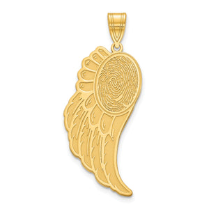 Yellow gold angel wing pendant with a fingerprint engraved in the oval center plate