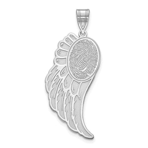 Sterling silver angel wing fingerprint pendant shown on a white background