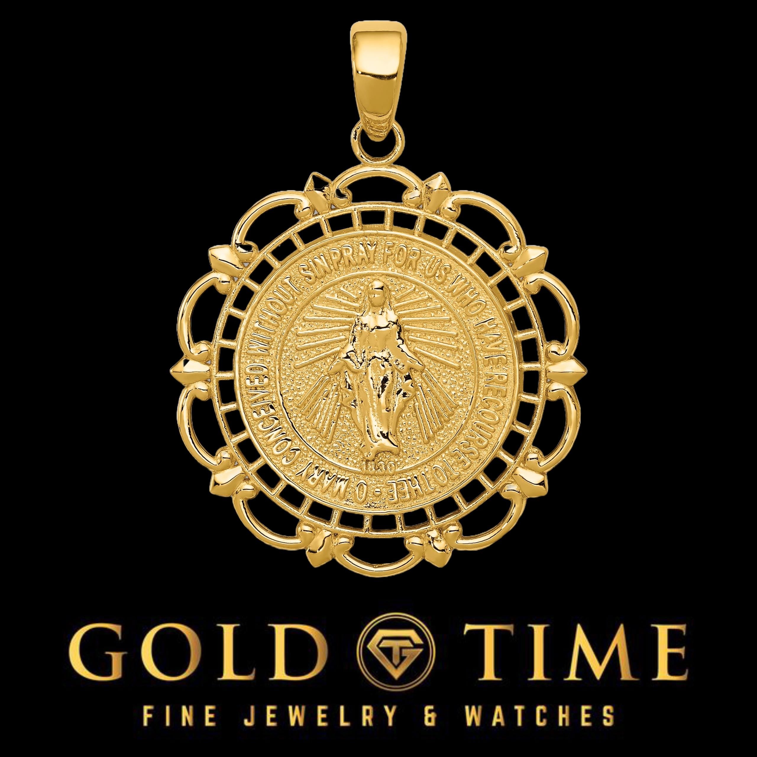 14k Gold Miraculous Medal Pendant with Scallop Frame  Choose Yellow or White Gold, Solid Polished Finish, Religious Virgin Mary Charm