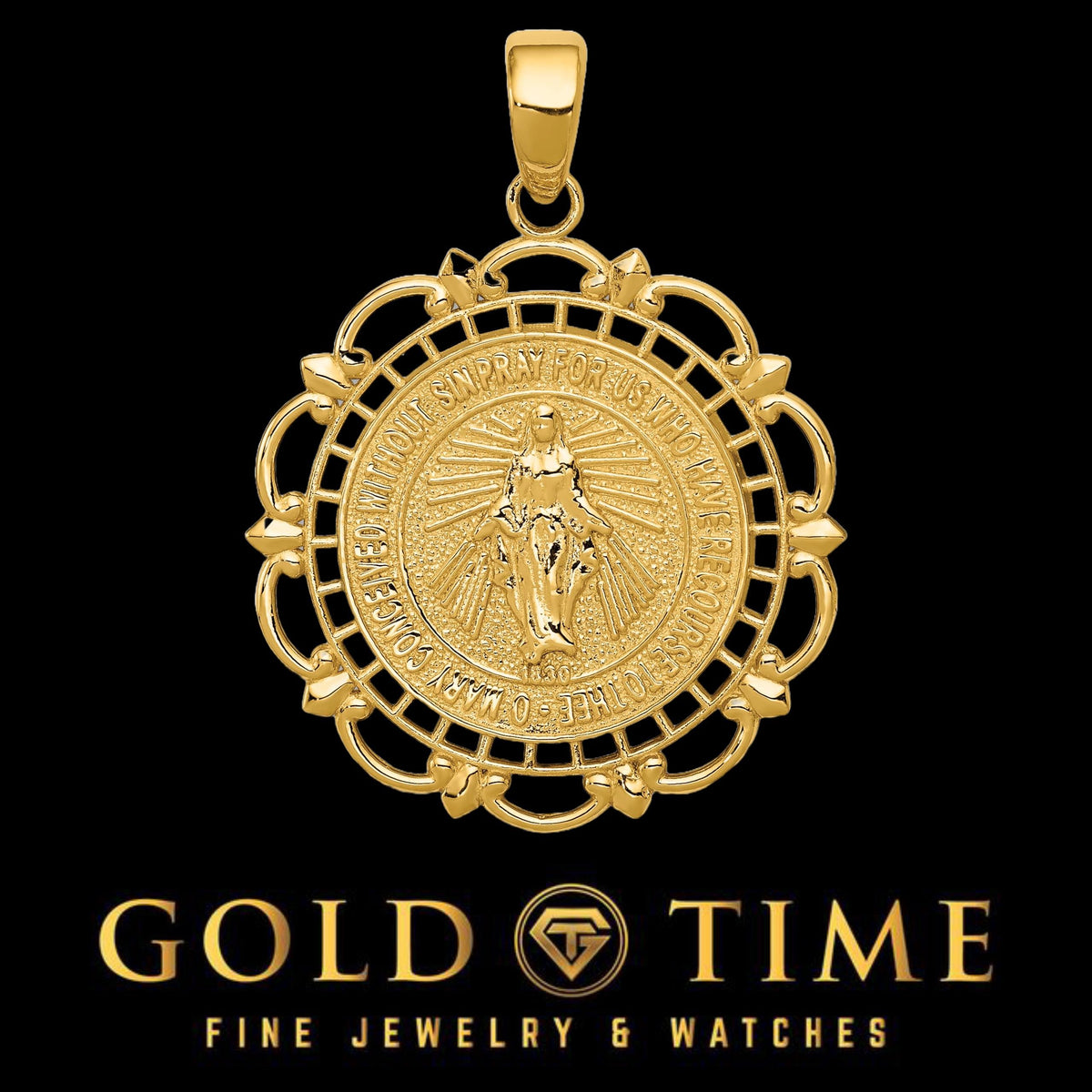 14k Gold Miraculous Medal Pendant with Scallop Frame  Choose Yellow or White Gold, Solid Polished Finish, Religious Virgin Mary Charm