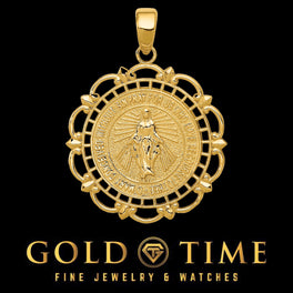 14k yellow gold Miraculous Medal pendant with scalloped open frame and Virgin Mary center, on black background
