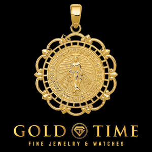 14k yellow gold Miraculous Medal pendant with scalloped open frame and Virgin Mary center, on black background