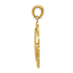 Side profile of the 14k gold Miraculous Medal pendant showing the bail and frame thickness