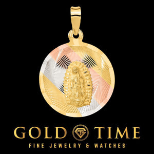 14k tri-color gold Lady of Guadalupe medal with yellow gold Virgin Mary figure over a diamond-cut yellow, white and rose gold starburst