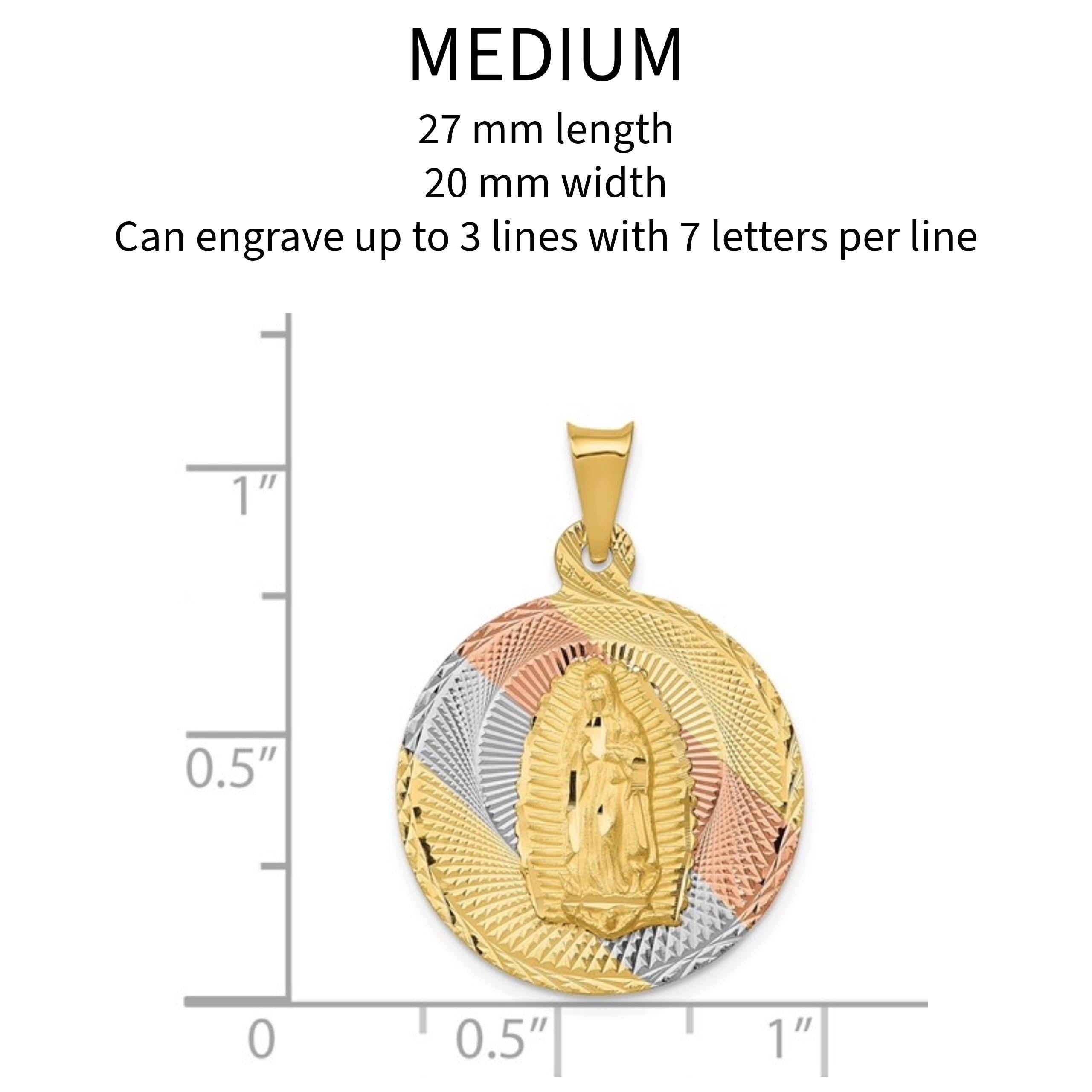 14K Tri-Color Gold Lady of Guadalupe Pendant  Religious Medal in Yellow, White, Rose Gold - Solid Gold - Custom Engraving Options, 4 sizes