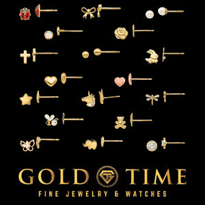 Collection of 14k yellow gold children's stud earrings including hearts, stars, butterflies, bows, and animals, Gold Time