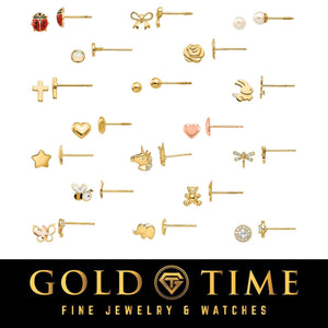 Eighteen styles of 14k yellow gold children's stud earrings shown with their posts, Gold Time
