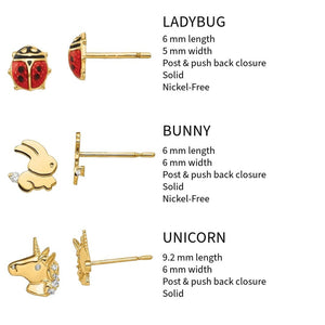 Ladybug, bunny, and unicorn 14k gold kids stud earrings with size and closure details