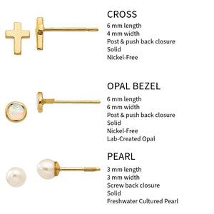 Cross, lab-created opal bezel, and freshwater pearl 14k gold kids stud earrings with size and closure details