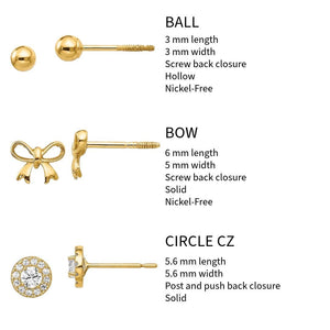 Ball, bow, and circle CZ 14k gold kids stud earrings with size and closure details