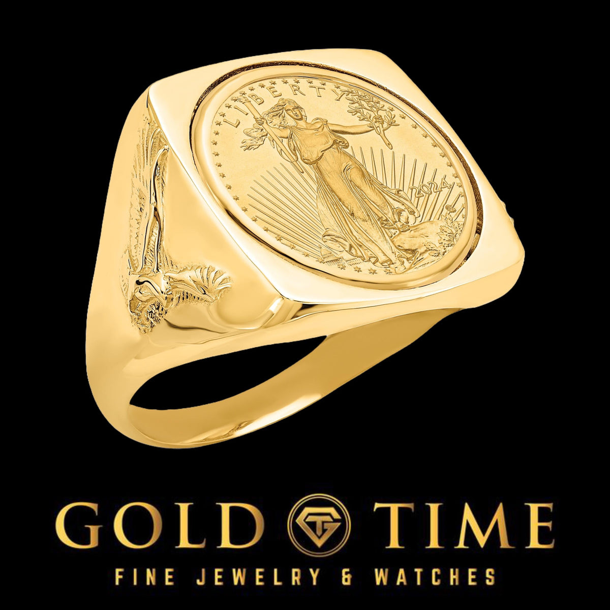 14K Solid Yellow Gold Men's Ring with 22k 1/10 oz. American Eagle Coin