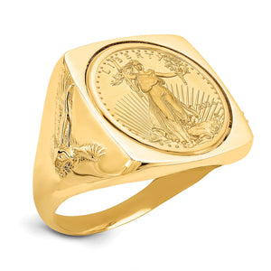 14k yellow gold men's ring with 1/10 oz American Eagle gold coin, angled view on white background