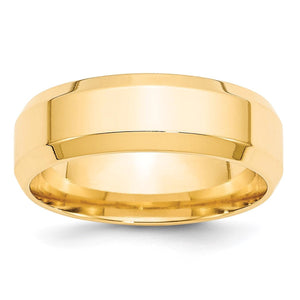 Yellow gold beveled edge wedding band showing the domed top and cut edges