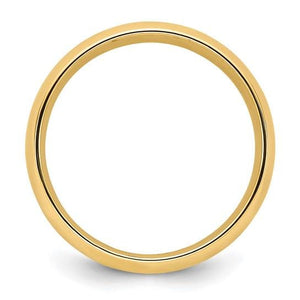 Top down view of a yellow gold 5mm wedding band showing the rounded comfort fit interior