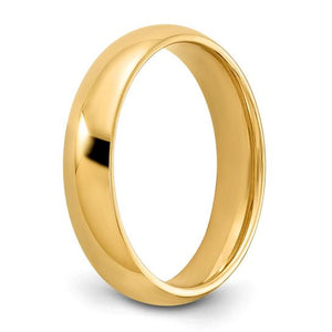 Yellow gold 5mm comfort fit wedding band standing upright with a polished domed top