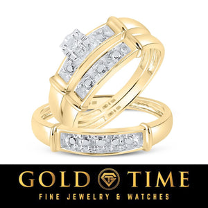 Gold plated men's band shown with the women's engagement ring and band
