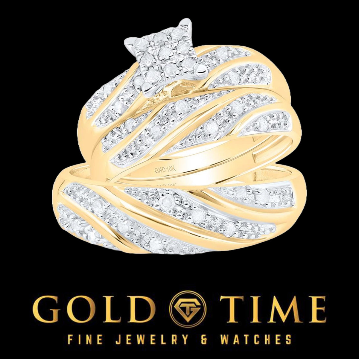 10K Yellow or White Gold and Diamond Diamond Engagement Ring & Wedding Band Trio Set