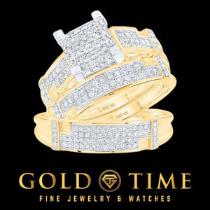 10K yellow gold diamond trio wedding set with engagement ring and two bands on black with the Gold Time logo