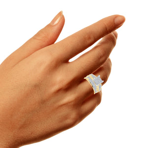 Woman's hand wearing the 10K gold diamond engagement ring and matching band
