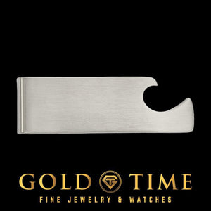 Brushed stainless steel money clip with a bottle opener cut into the end, on a black Gold Time background