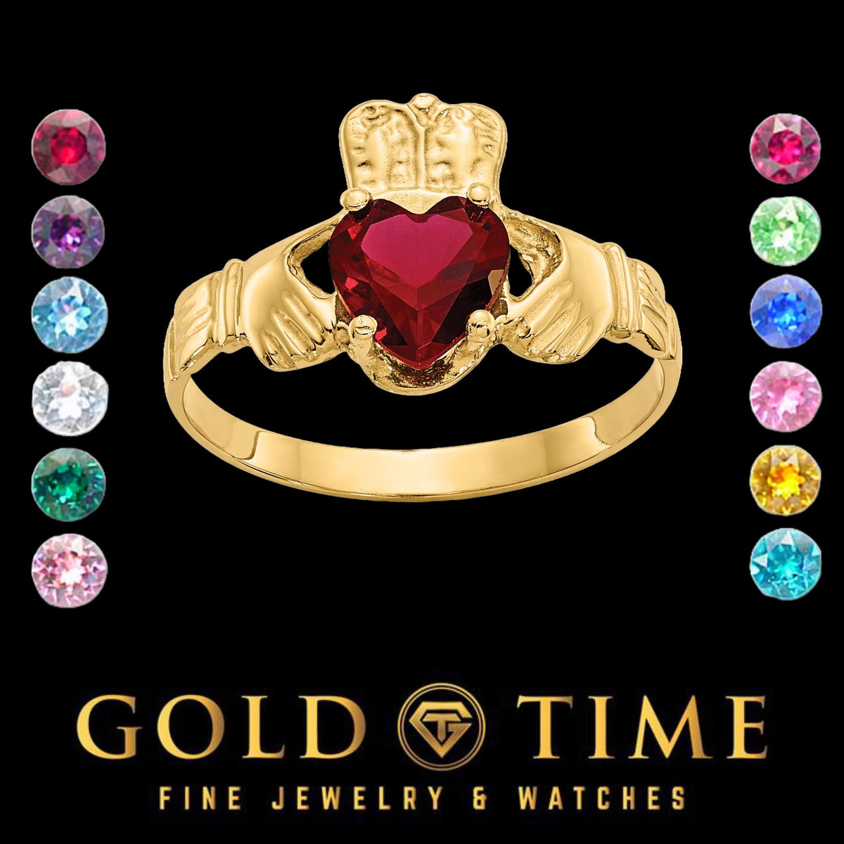 14k Gold Claddagh Ring with Heart Birthstone