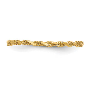 Side profile of the yellow gold twisted rope ring showing its thin, low profile