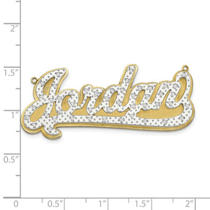 3D diamond name necklace beside a ruler showing the nameplate measures about two inches wide