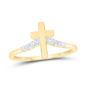 Close up of the yellow gold cross diamond ring showing the prong set diamonds on the shoulders
