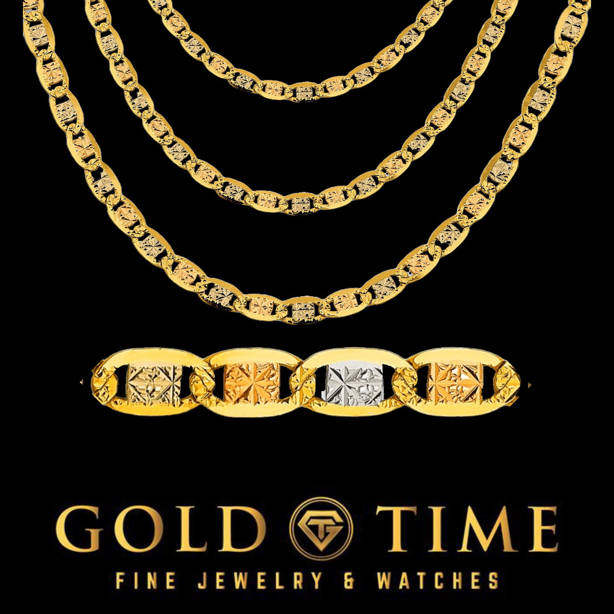 14k Tri-Color Gold Solid Valentino Chain - 7 inch Bracelet to 26 Inch Necklace