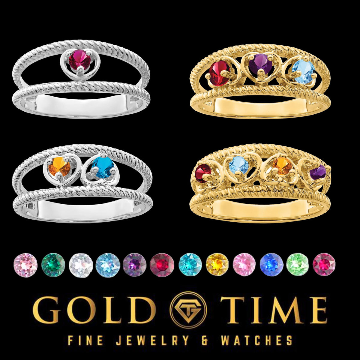 Custom CZ Birthstone Heart Family Ring - 10k 14k Gold or Silver