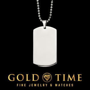 Stainless steel dog tag pendant on a ball chain, brushed face with a polished edge