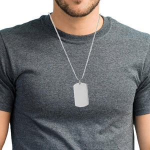 Man in a grey t shirt wearing the stainless steel dog tag necklace on a 24 inch chain