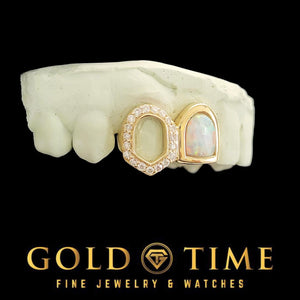 Gold grillz with opal and moissanite stones, branded with Gold Time.