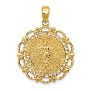 Front view of 14k yellow gold Miraculous Medal pendant with scallop frame