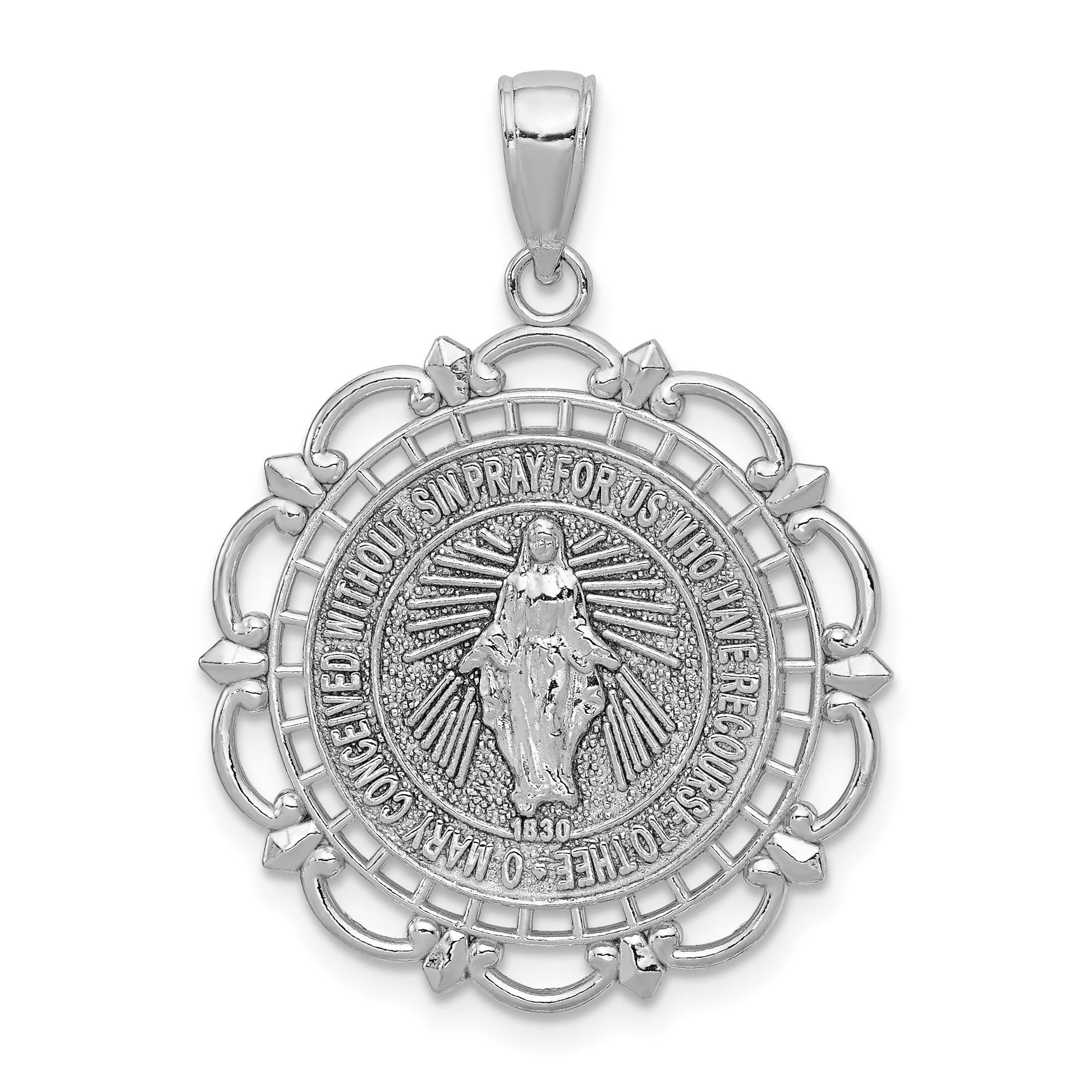 14k Gold Miraculous Medal Pendant with Scallop Frame  Choose Yellow or White Gold, Solid Polished Finish, Religious Virgin Mary Charm