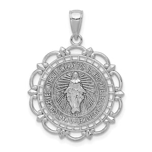14k white gold Miraculous Medal pendant with scallop frame and engraved prayer border