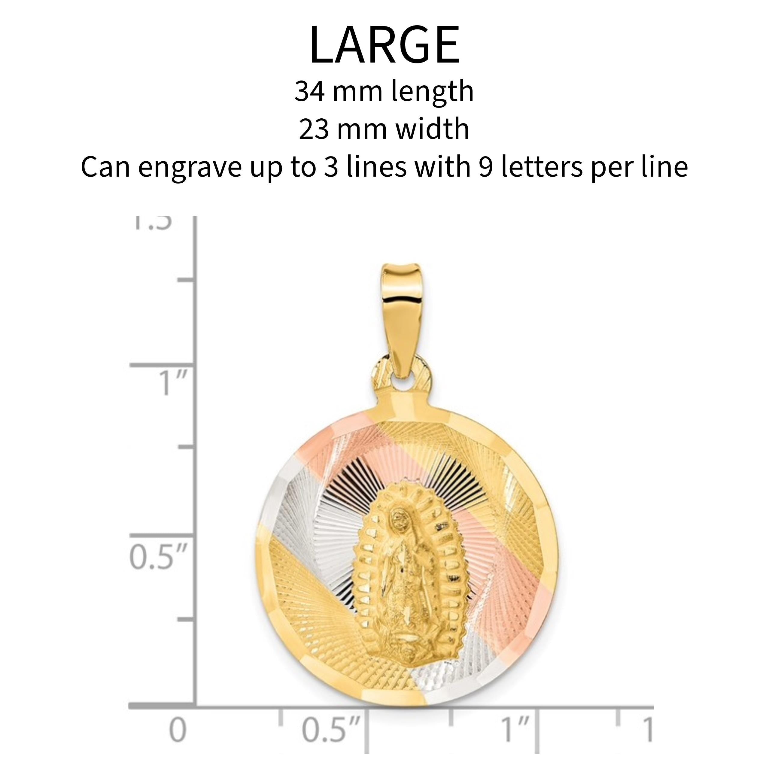 14K Tri-Color Gold Lady of Guadalupe Pendant  Religious Medal in Yellow, White, Rose Gold - Solid Gold - Custom Engraving Options, 4 sizes