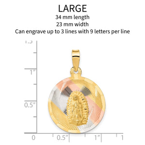 Large Lady of Guadalupe pendant, 34mm by 23mm, engraves up to 3 lines of 9 letters, shown against an inch scale