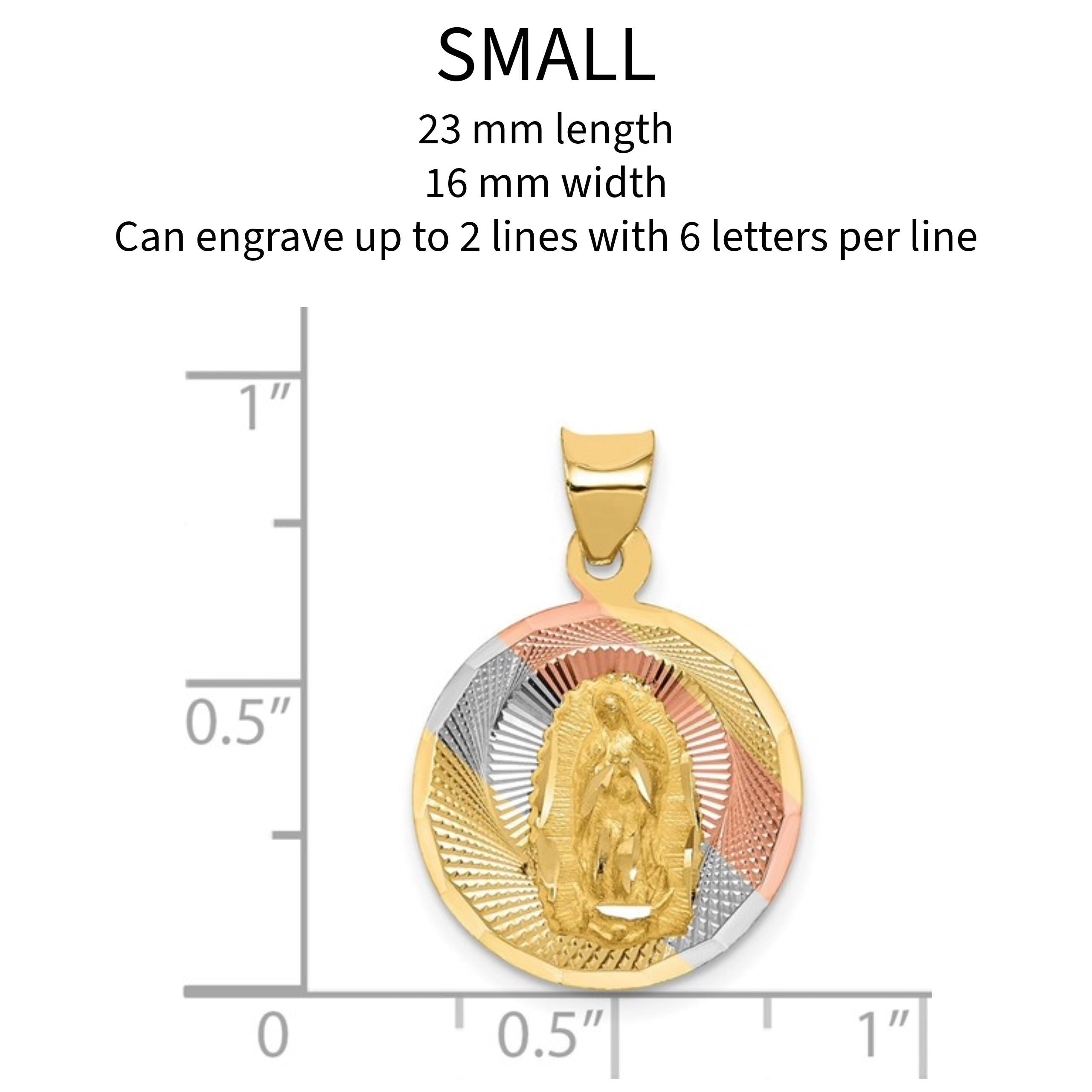 14K Tri-Color Gold Lady of Guadalupe Pendant  Religious Medal in Yellow, White, Rose Gold - Solid Gold - Custom Engraving Options, 4 sizes