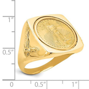 14k gold American Eagle coin ring shown next to a ruler for size reference