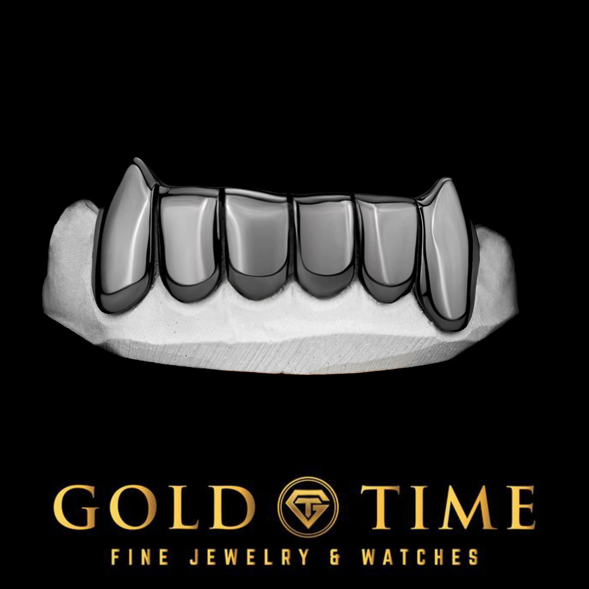 Custom Handmade Grillz – Black Rhodium Canine Fang 6-Piece Grillz
