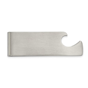 Brushed stainless steel money clip with bottle opener, front view on white